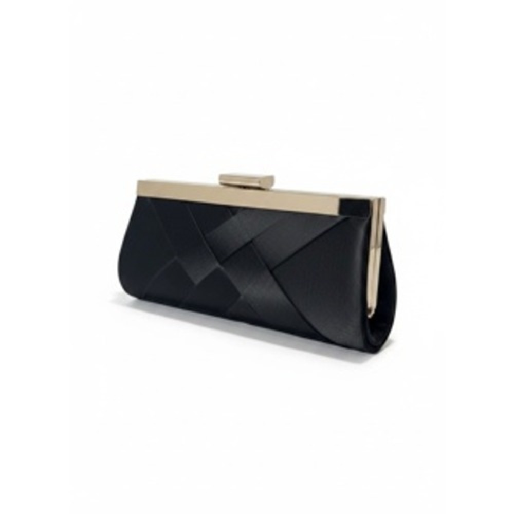 Black Satin Woven Evening Clutch Bag Silver Tone Frame Formal Wedding Handbag